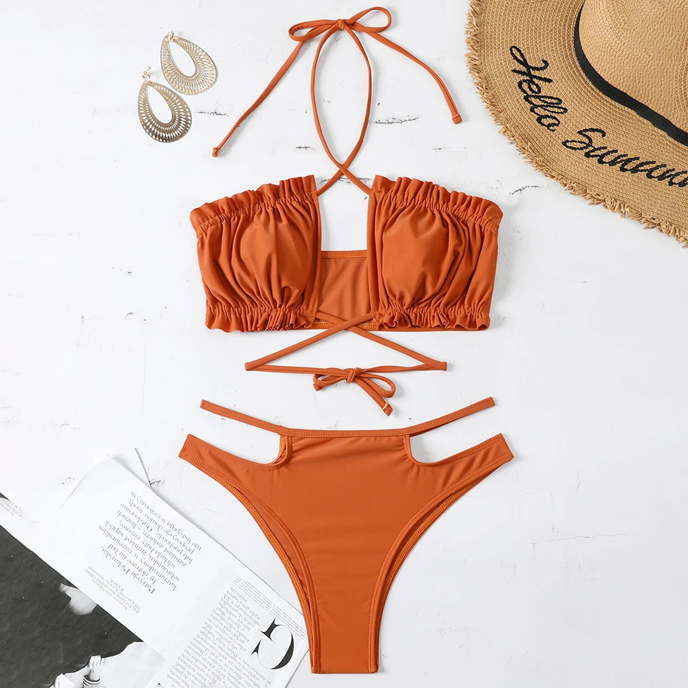 

Пляжная одежда, модное бикини на шнуровке, купальник-тройка, однотонное сексуальное бикини, новый женский купальник, комплекты бюстгальтер...