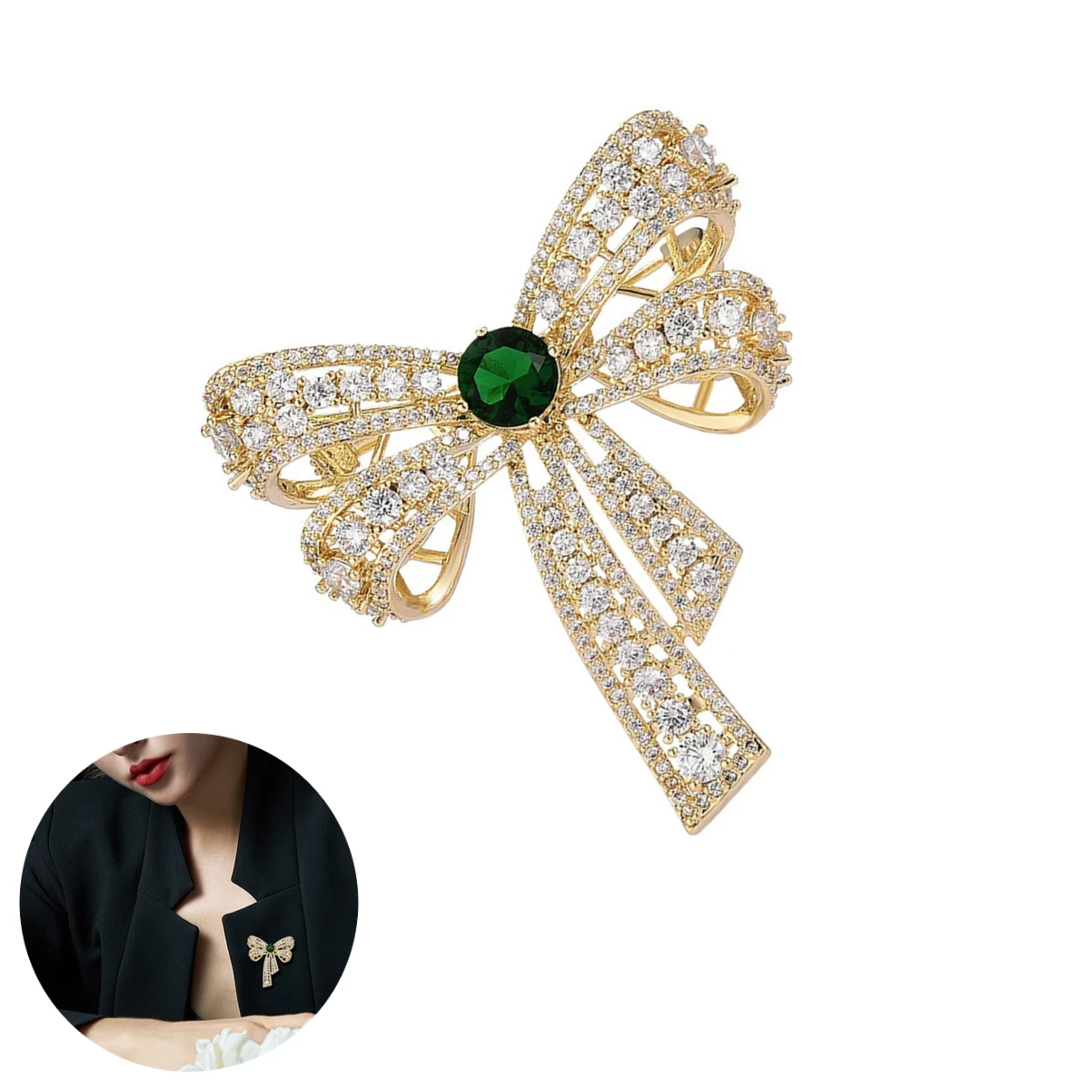 

Vintage Gold Tone Bow Brooch Women Simple Green Rhinestone Corsage Wedding Banquet Party Dress Clothing Accessories Broach Pin