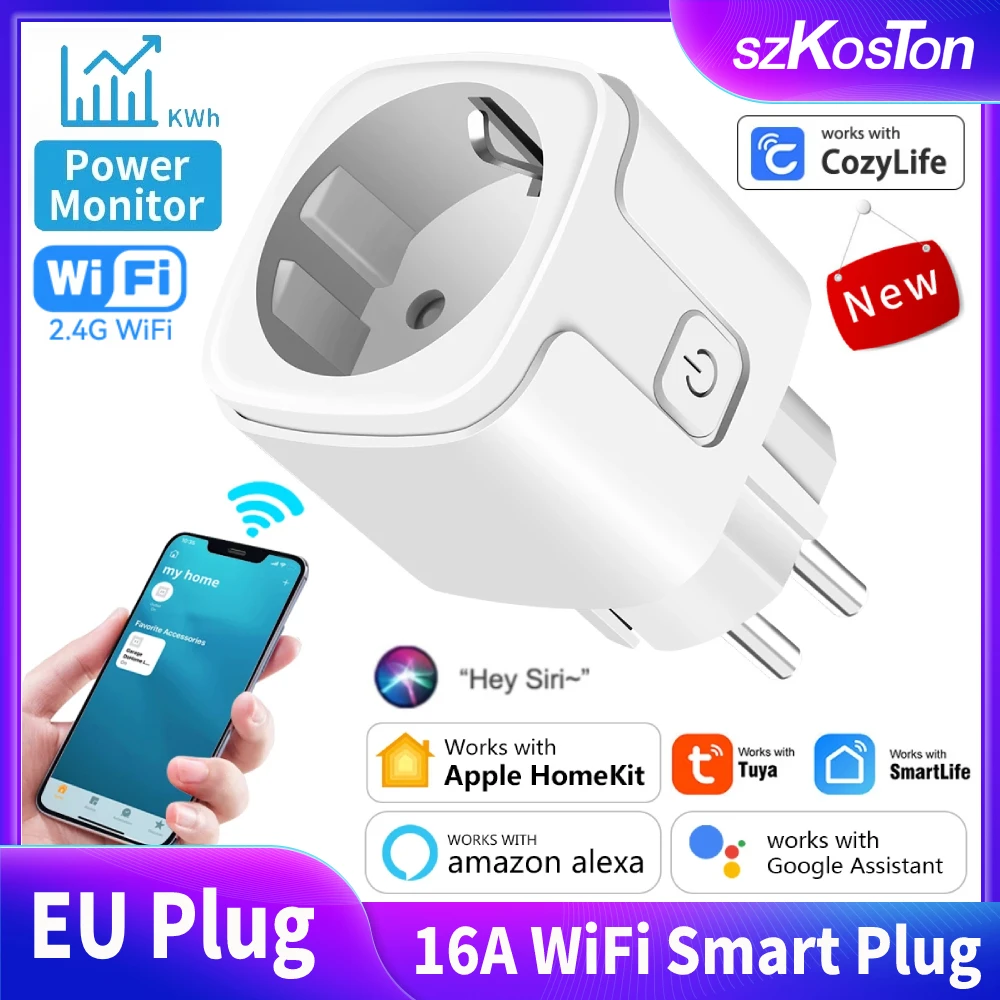 EU 16A WiFi Smart Plug Home kit Tuya Life Control Розетка для бытовой техники с монитором питания Apple