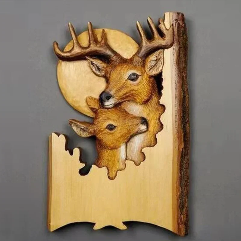 

Figurine Animal Carving Handcraft Wall Hanging Sculpture Wood Raccoon Bear Deer Hand Painted Decoration for Home Living Room