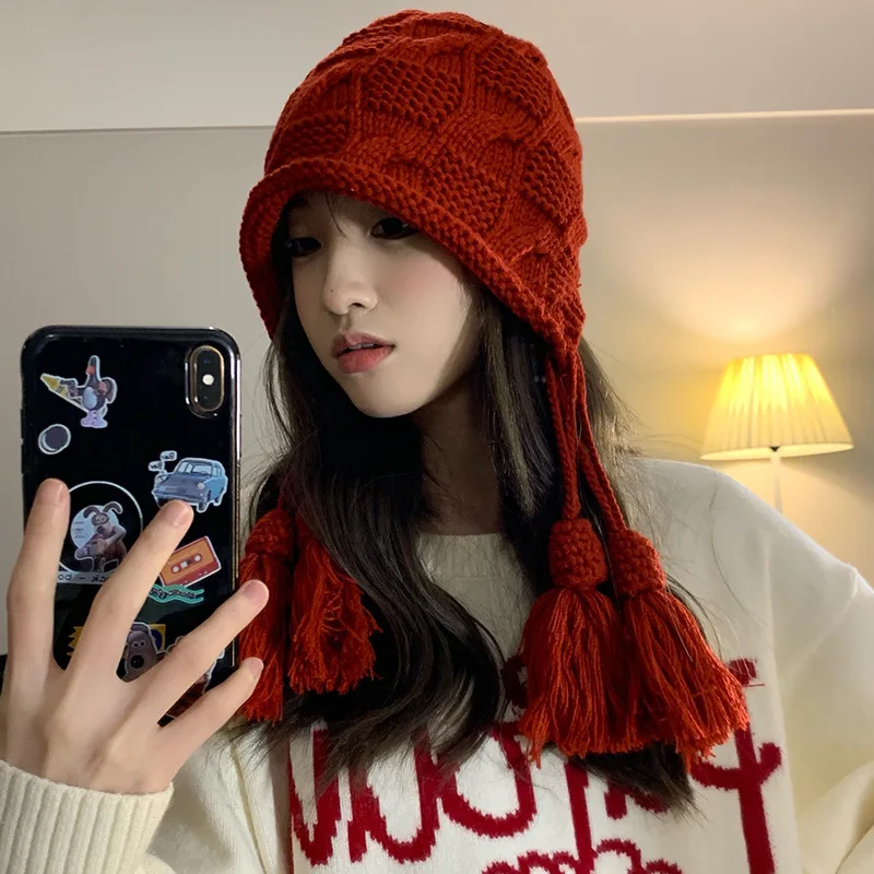Red Hat Women's Autumn and Winter Warm Wool Tassel Pullover Cap Hand-knitted Ear Protection Cap Japanese Ins