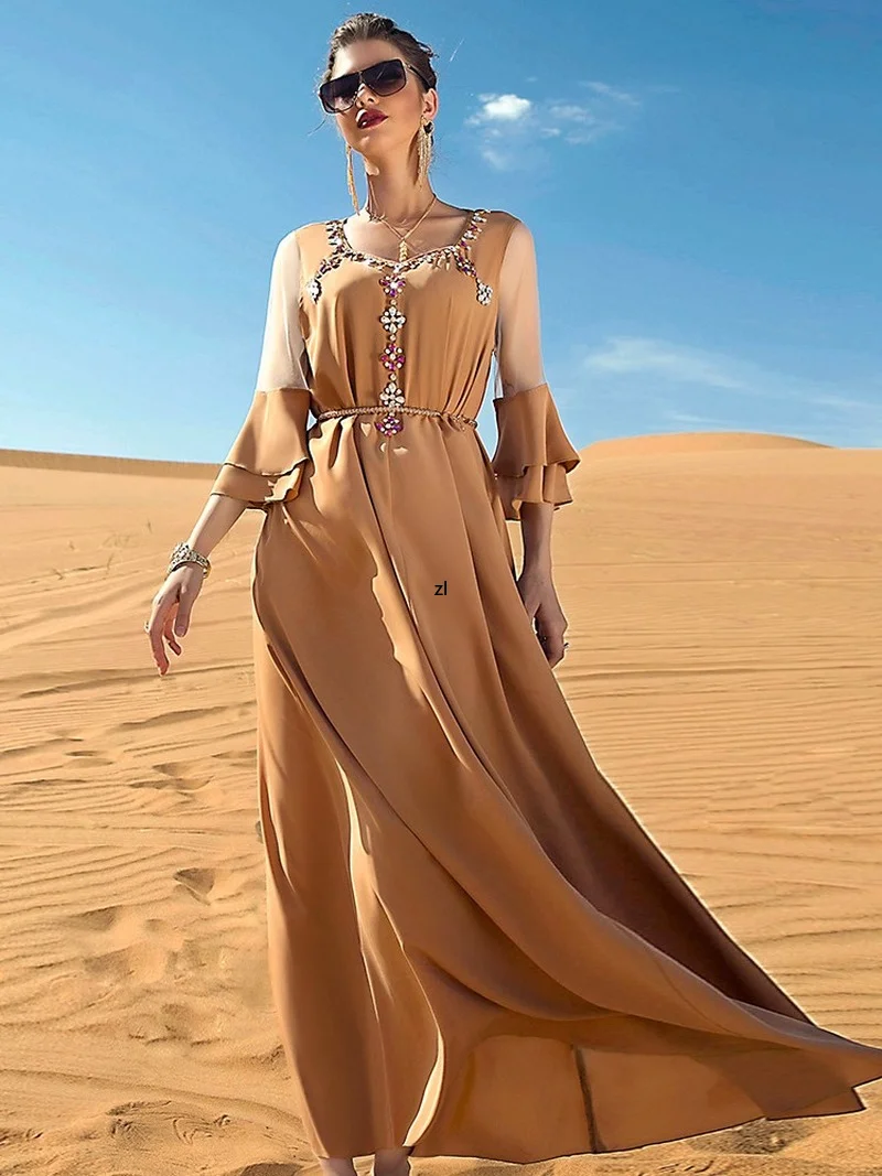Caftan Moroccan Dubai 2022 Long Summer Women's Dresses Elegant Chic Rhinestones Floral Jalabiya Mesh Ruffle Sleeve Robe