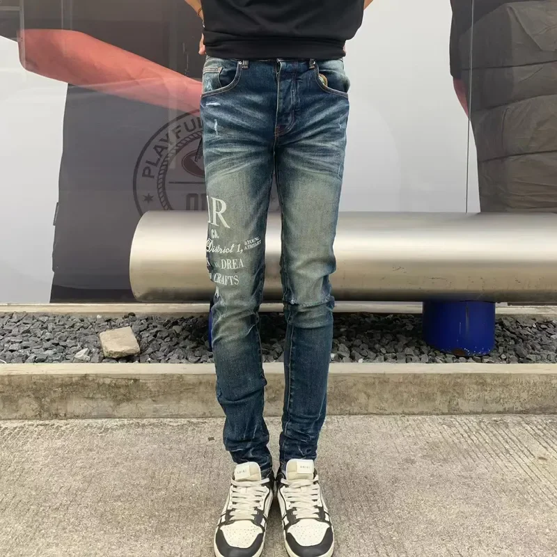 

Джинсы мужские Стрейчевые в стиле ретро, модные рваные джинсы скинни, синие Брендовые брюки с вышивкой в стиле хип-хоп, уличная одежда
