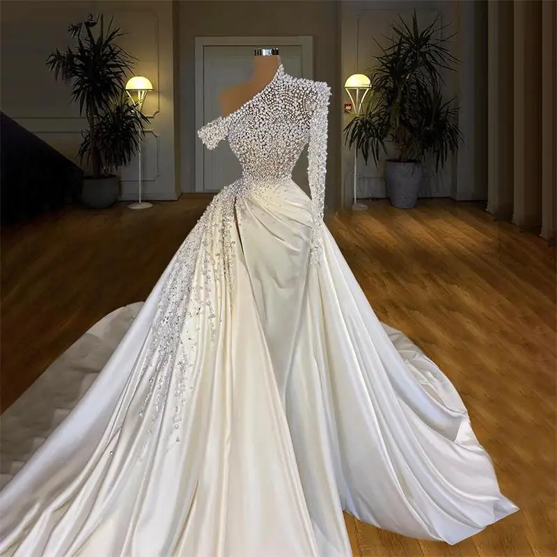 

More Pearls Mermaid Wedding Dress One Shoulder With Detachable Train Bridal Gown Custom Made Sweep Train Robes De Mariée