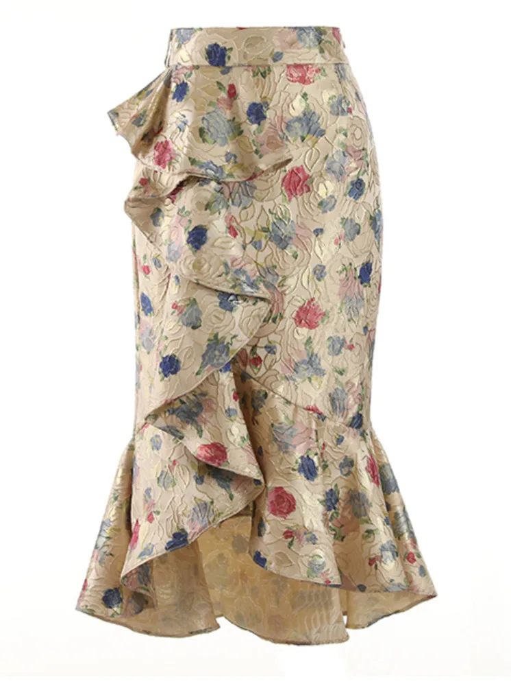 

Жаккардовая юбка средней длины с высокой талией и оборками, M993