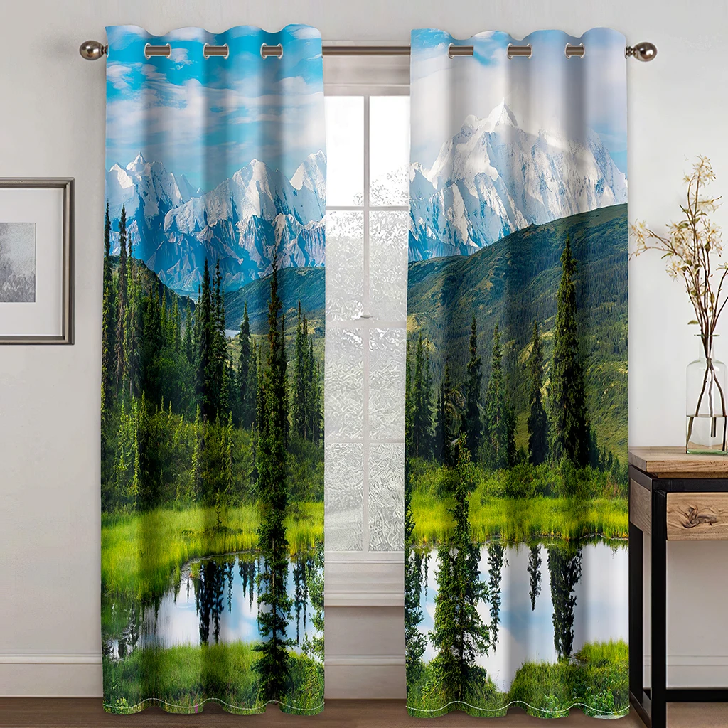 

3D Printed Landscape Mountain Forest Lake Curtain Set, Suitable for Sitting Room Curtains In The Living Room and Bedroom