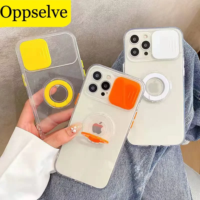 

Silicone Soft Sliding Lens Window Bracket Phone Case for iPhone 13 12 11 Pro Max X XS XR 6 6S 7 8 Plus SE 2020 Ring Back Cover