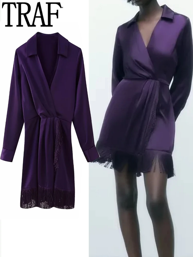

TRAF Pruple Satin Dress Woman Fringing Short Dresses Autumn Winter 2023 Pleated Wrap Shirt Dress Women Long Sleeve Party Dresses