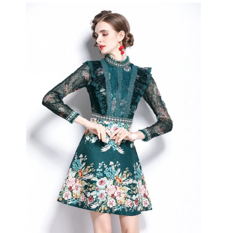 

2022 Spring Autumn Women Lace Patchwork Ruffled Sequined Flroal Dress , Woman Slim High Waisted Flower Pattern Dresses