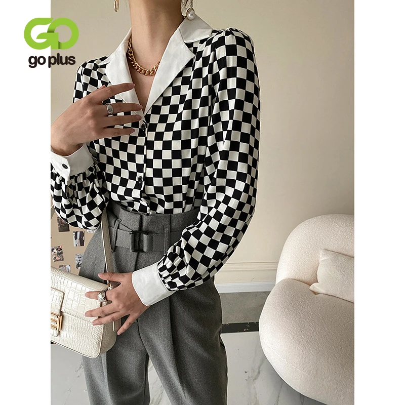 

GOPLUS Vintage Checkerboard Women Blouses Puff Sleeve Black Tops Button Up Blusa Para Mujer Plaid Office Lady Shirts C60099