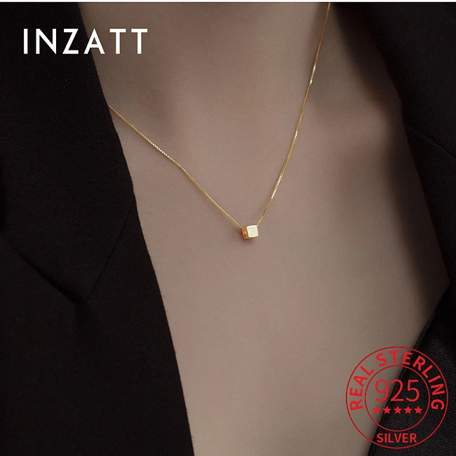 

INZATT Real 925 Sterling Silver Cube Square Choker Necklace for Women Classic Fine Jewelry Minimalist Geometric Accessories