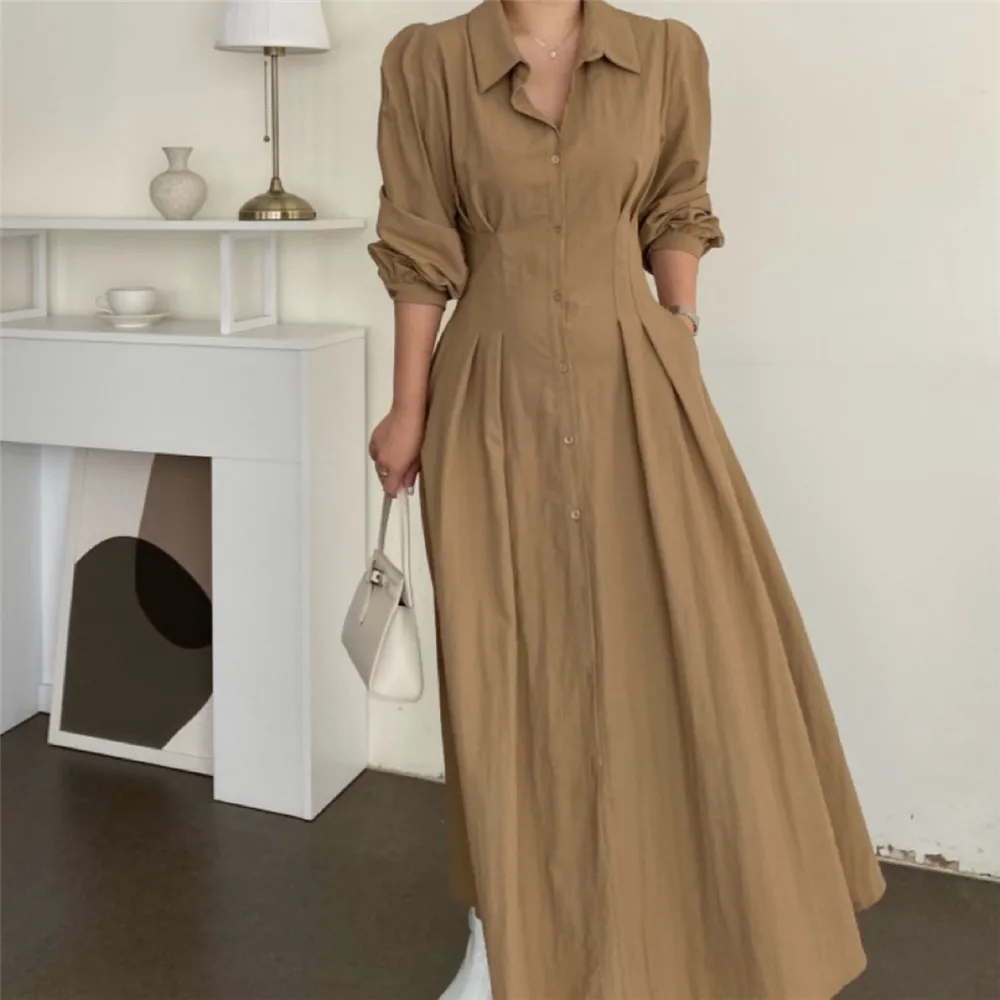 

Women Fashion Dress Casual Minimalism Solid Color Long Sleeve Pullover Single-breasted Patchwork Lapel Loose Spring A-line Dress