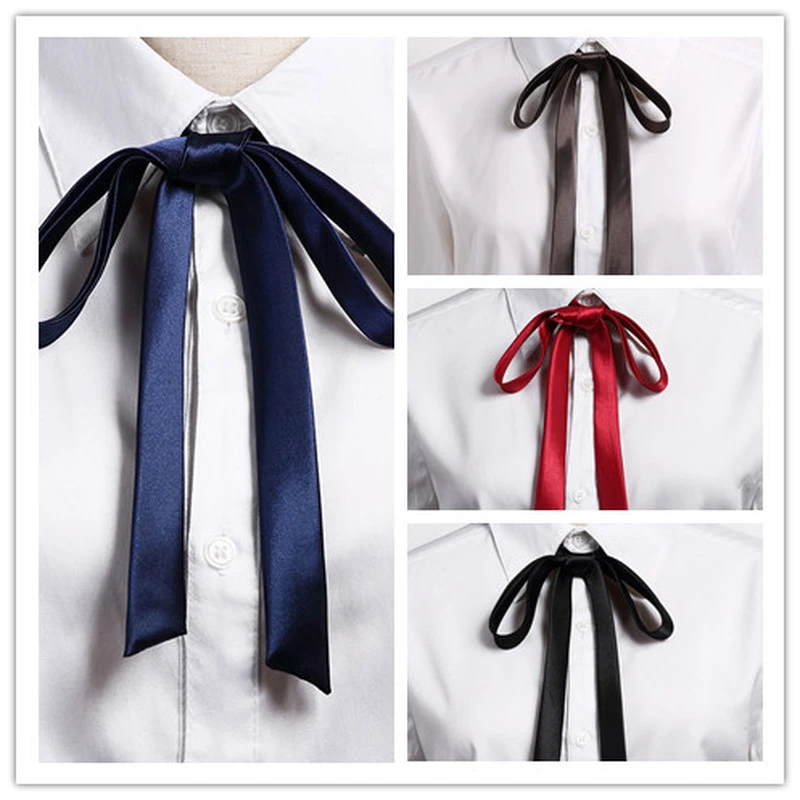 Thin Satin Bowtie Solid Color Girls Clothes Ornament Women Students Bowtie Vintage Elegant Ribbon Knot Shirt Accessory