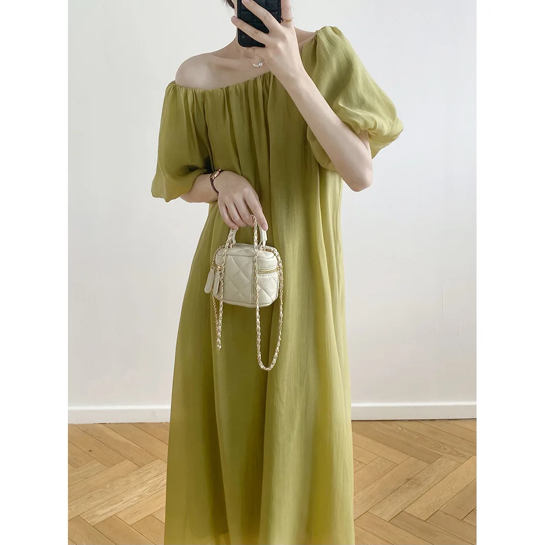 

Slash Neck Dress for Women 2023 New Summer Short Puff Sleeve Folds Lace Up Midi Dresses High quality Elegant Casual Dresses