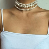 multi layer gorgeous white imitation pearl necklace female punk bead chain wedding short collarbone necklace banquet jewelry
