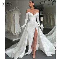 oimg modern silk satin mermaid evening dresses wedding party dress long gloves detachable overskirt slit white formal prom gown