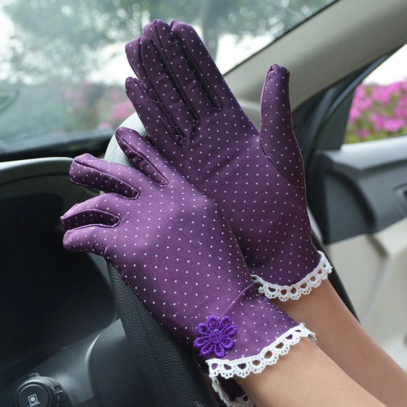 

1 Pairs Elastic Women Summer Sunscreen Gloves Small Dots Lace Patchwork Outdoor Breathable Thin Spots Driving Gloves