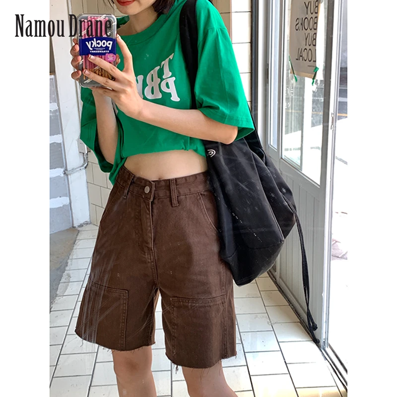 

Brown High Waist Women Shorts Jeans Wide Leg Baggy Denim Shorts Summer Streetwear Five Points Trousers Straight Jean Short Pants