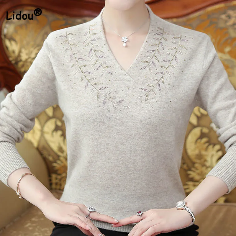 

Fashion Elegant Solid Color Diamonds Sweaters Women's Clothing Autumn Winter Loose Korean V-Neck Comfortable Knitted Pullovers