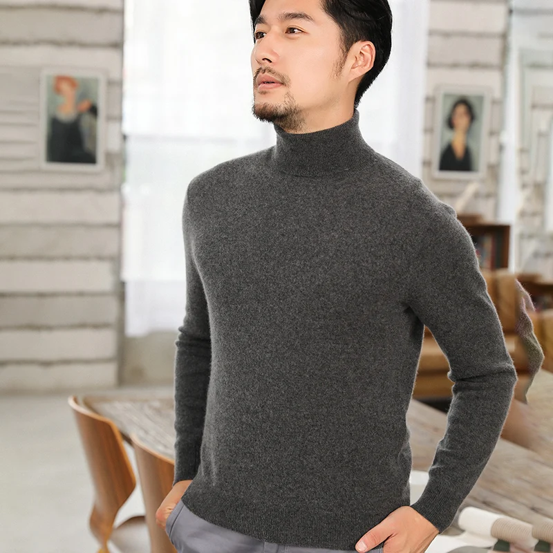 High-Grade New Autumn 100% Cashmere Turtleneck Sweaters Winter Fashion Clothing Men's Solid Color Slim Fit Men Pullover Knit