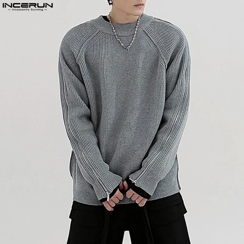 

INCERUN 2023 Men Pullovers O-neck Loose Knitted Split Long Sleeve Zipper Sweater Oversized Solid Streetwear Men Clothing S-5XL
