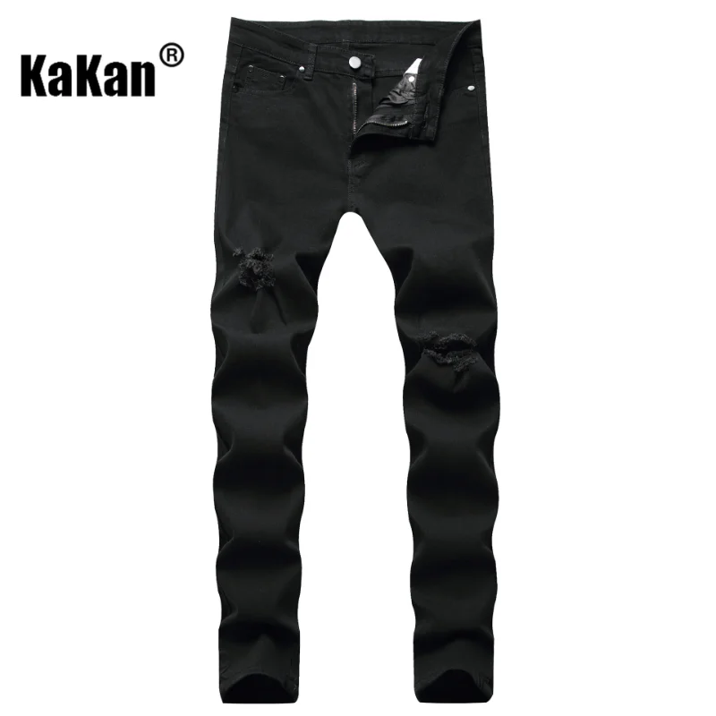Kakan - European and American Stretch Slim Straight Men's Jeans, Hole Casual Motorcycle Black Jeans K013-9979