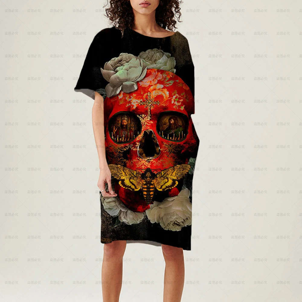 Vintage Gothic Skull Print Women T-Shirt Dress Summer Loose Fashion Girl Short Sleeve Vestidos Robe Femme Halloween party