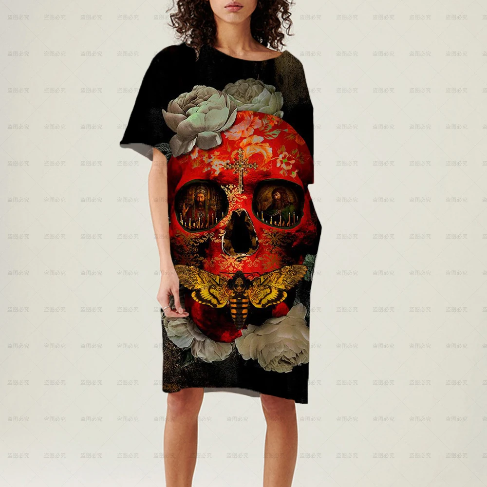 

Vintage Gothic Skull Print Women T-Shirt Dress Summer Loose Fashion Girl Short Sleeve Vestidos Robe Femme Halloween party