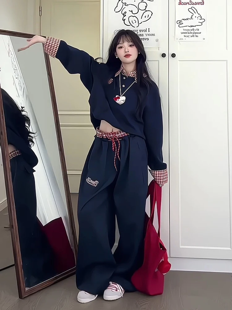 Retro Fried Street Sweatshirt Set Women Autumn Preppy Fake Two-Piece Polo Hoodie Wide-Leg Pants Casual Two-piece