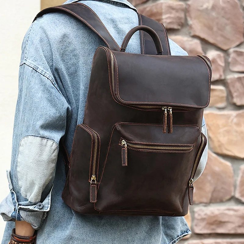 

New backpack men's crazy horse leather large capacity travel backpack leather men's bag cowhide backpack men's school bag
