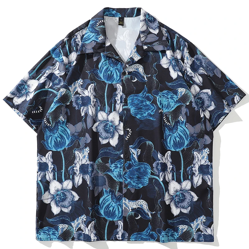 

Summer Men Short Sleeve Hawaiian Shirt Hip Hop Flower Print Beach Blouse 2022 Streetwear Harajuku Fashion Casual Oversize Shirts