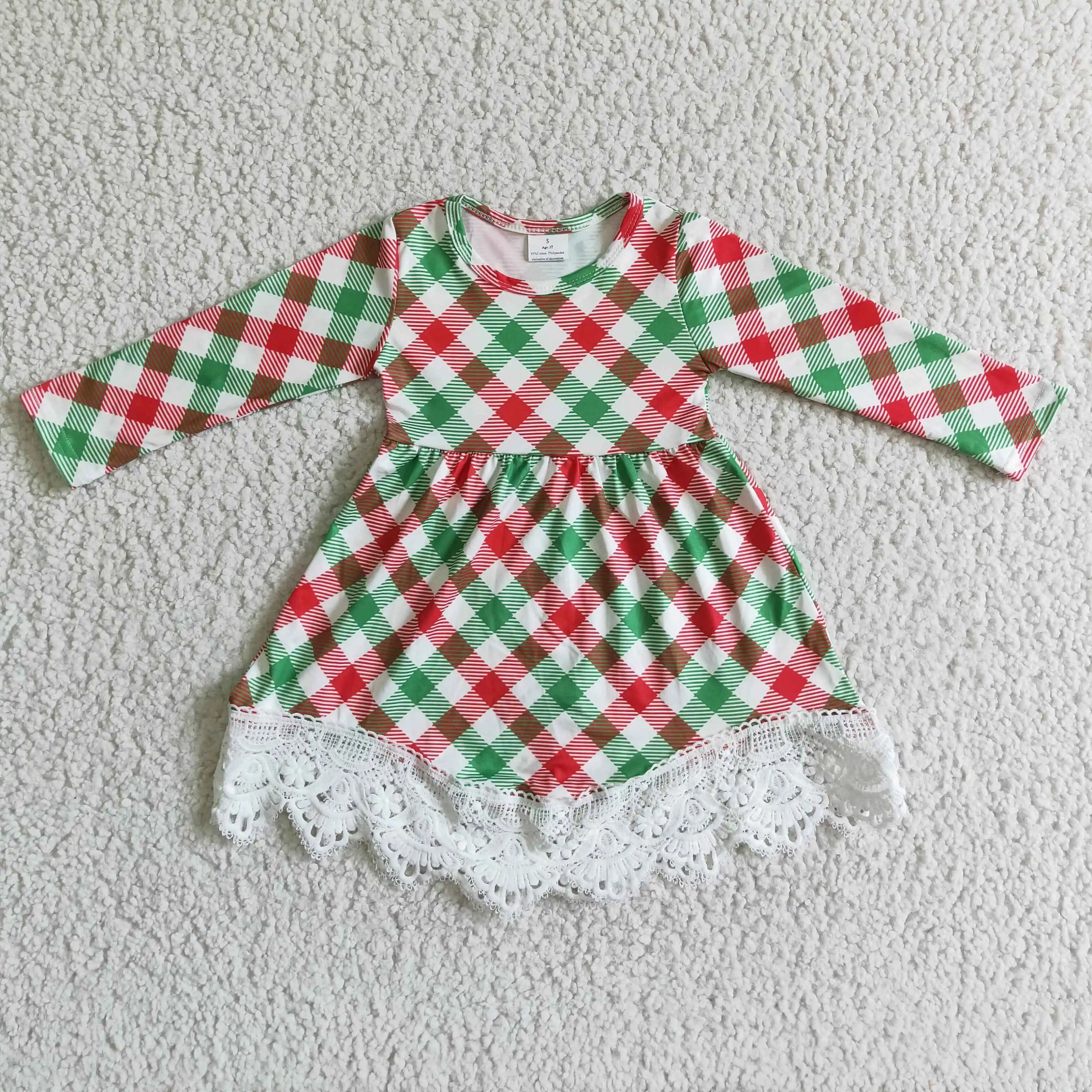 

GLD0023 girl red and green plaids long sleeve twirl dress children autumn lace frock