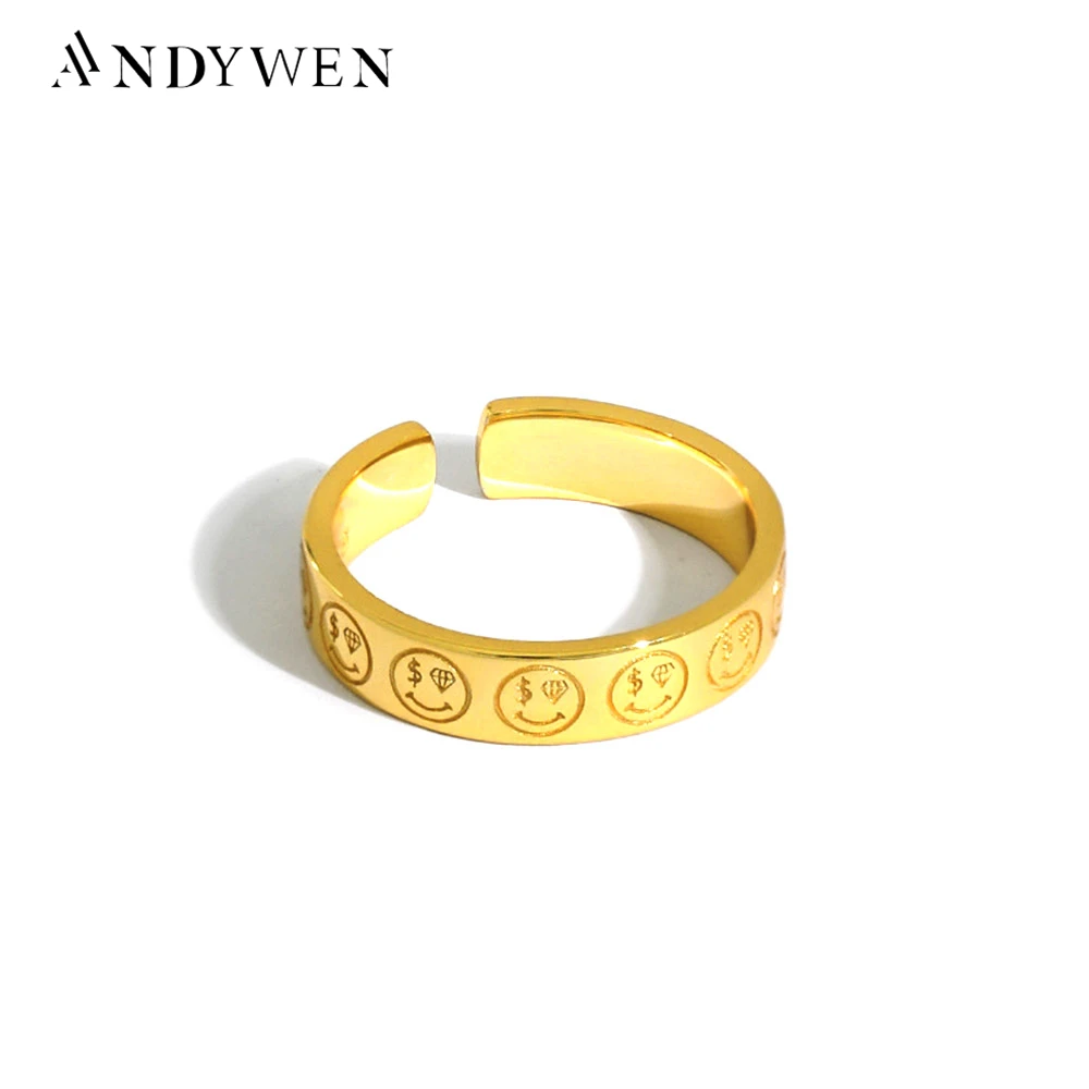 

Andywen 925 Sterling Silver Gold Smile Fashion Rings Adjustable Women Fine Jewelry 2020 Rock Punk Luxury Jewels For Women