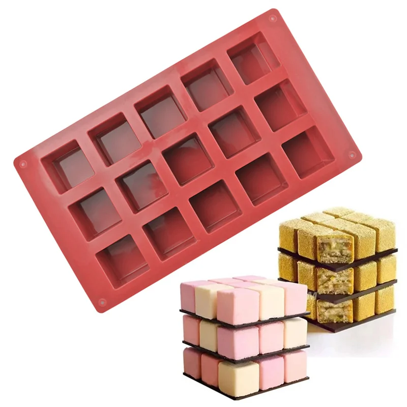 

15 Cavity Square Shape 3d Silicone Molds Cake Decorating Tools For Baking Jelly Pudding Mousse Bakeware Moulds Cube Cake