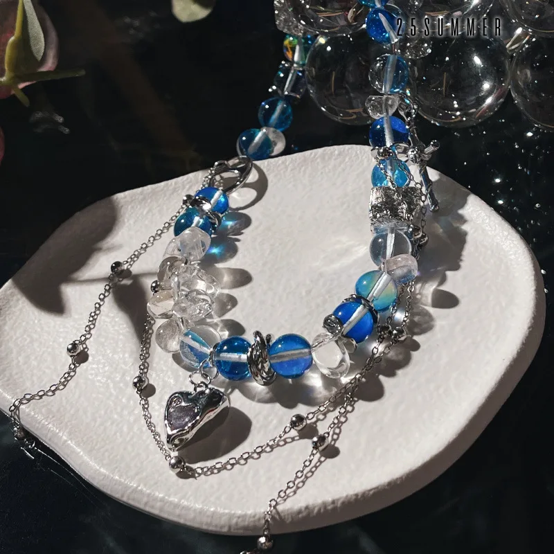 

Minar Hip Hop Rock Silver Color Love Heart Pendant Necklaces for Women Femme Blue Color Crystal Strand Chain Chokers Necklace
