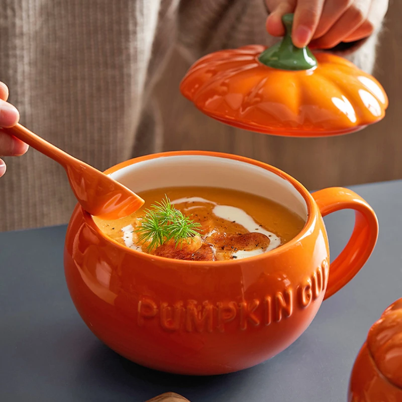 Cute ceramic pumpkin cup female high value milk oatmeal breakfast cup instant noodles steamed egg bowl with lid spoon mug mugs