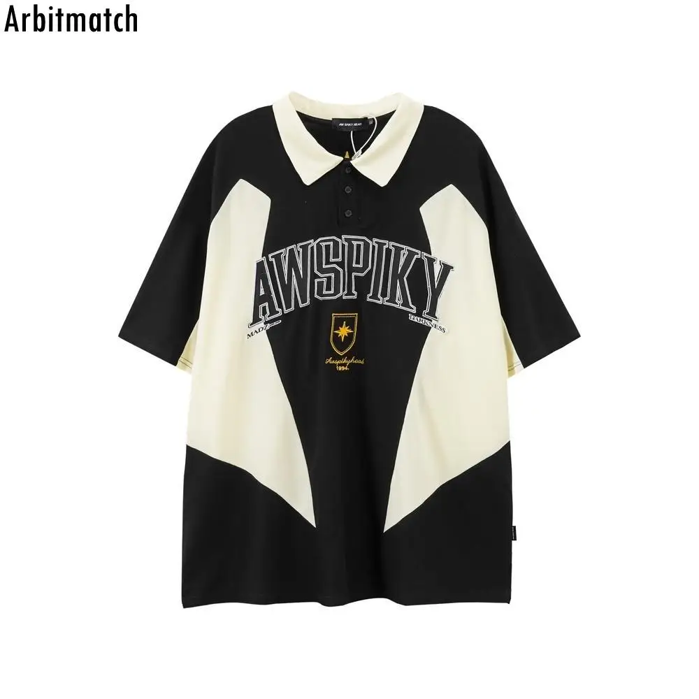 

Рубашка-поло Arbitmatch в стиле хип-хоп, Мужская цветная футболка-поло в стиле пэчворк с вышивкой и надписью, уличная одежда, лето 2022, Повседневна...