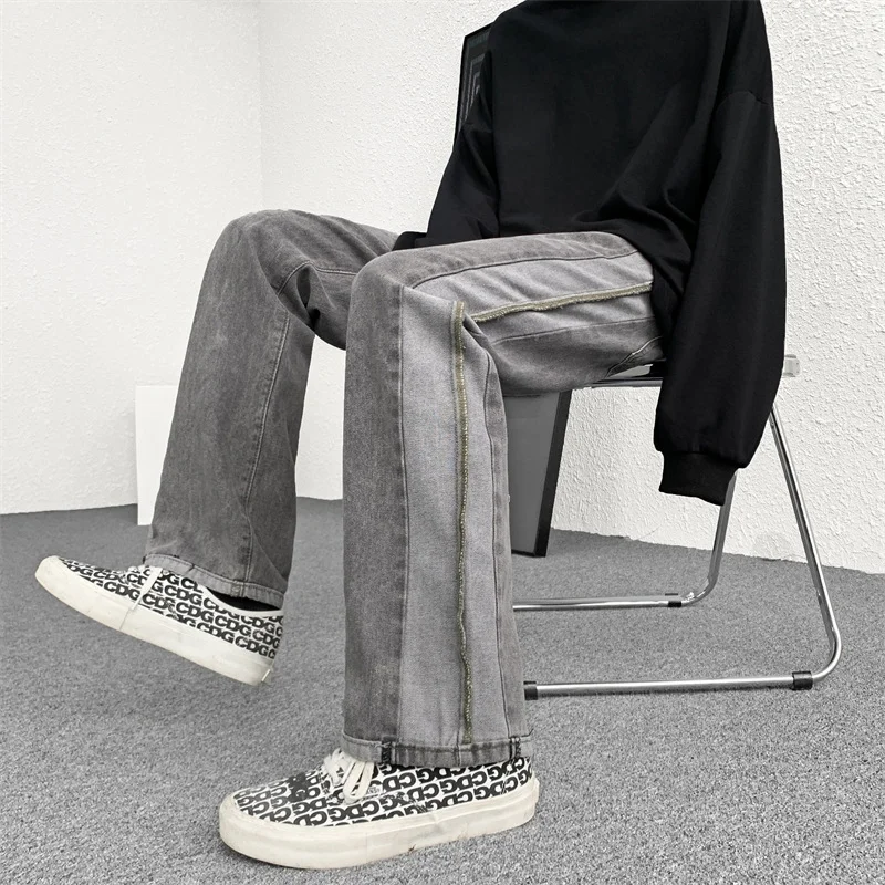 DEEPTOWN Patchwork Gray Jeans Men Casual Straight Denim Pants Streetwear Hip Hop Trousers Male Loose Vintage Fashion Spring