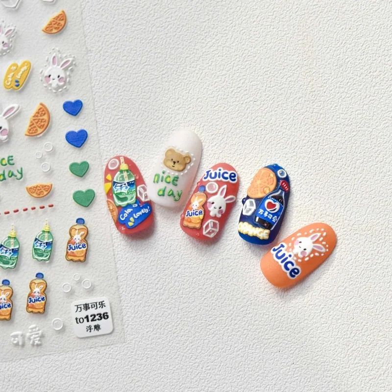 

2022 New Design Tomoni Embossed Japanese Sticker Adhesive Cute Drink Rabbit Bear 5D Soft Reliefs Nail Art Stickers Slider Decor