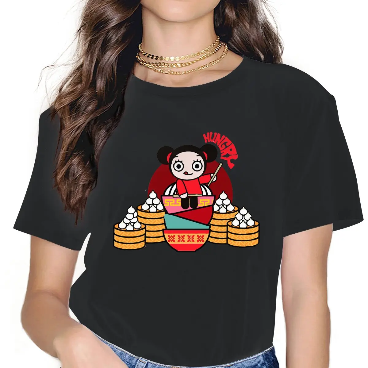 

Hungry Women Shirts Pucca China Doll Oversized T-shirt Kawaii Vintage Female Top