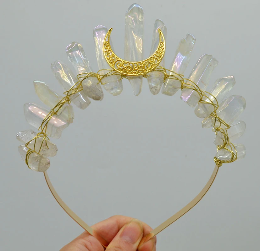 

Multicolored Raw Quartz Crystal Hair Hoop Wedding Bridal Jewelry Tiara Headband Ethnic Antique Moon Handmade Witch Crown