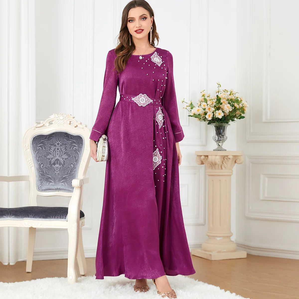 Beaded Abaya Arabic Long Dress for WomenRamadan Eid Belted Elegant Muslim Moroccan Kaftan Dubai Gulf Jalabiiya Islamic Clothing