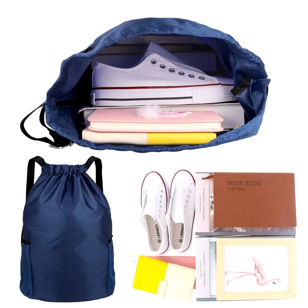 Drawstring Gym Bag, Drawstring Backpack, Gym Sack with Water Bottle Mesh Pockets Waterproof Drawstring Gym Backpack Bag for Men