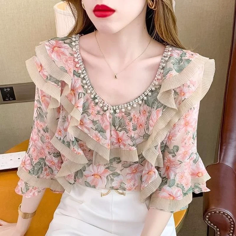 Blouse female short -sleeved fashion minimalist V -neck printing beaded chiffon shirt small casual half sleeve blouse top girl
