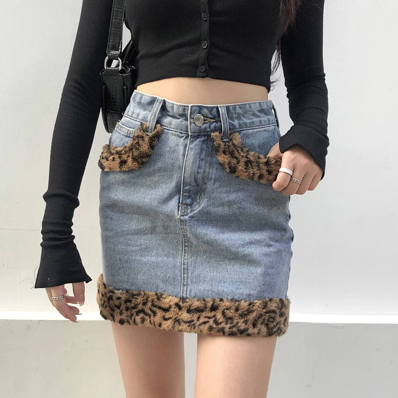 

Leopard Patchwork Furry High Waist Jeans Skirts Womens Harajuku Streetwear 2021 Spring Casual Fashion Pocket Denim Mini Skirt