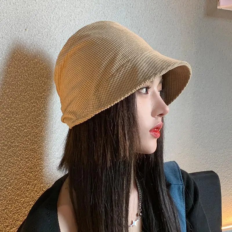 

Summer Grid Khaki Bucket Hat For Women 2023 Fashion Dome Large Brim Bucket Cap Sun Visor Hat New Arrival Y2k Charm Young Girl