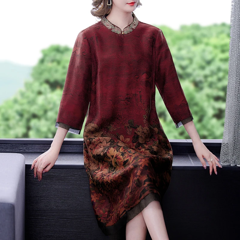 Женское Повседневное платье миди из натурального шелка красное винтажное