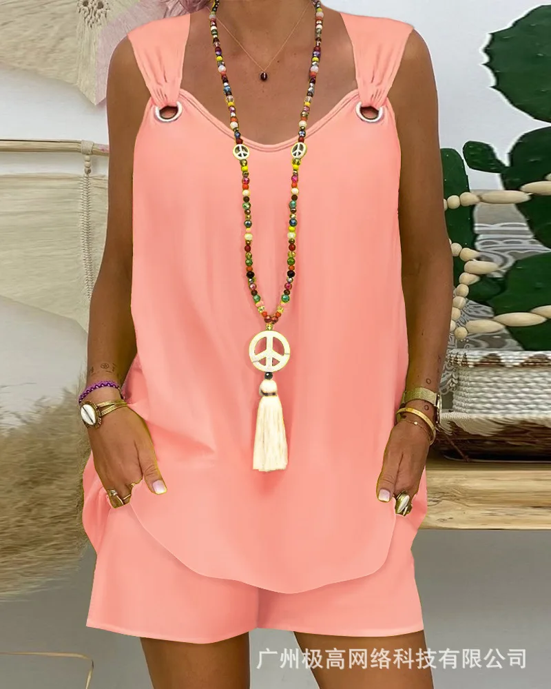 

2023 Summer New Women's Casual Shorts 2 Piece Set, Sleeveless Casual Suit Shorts