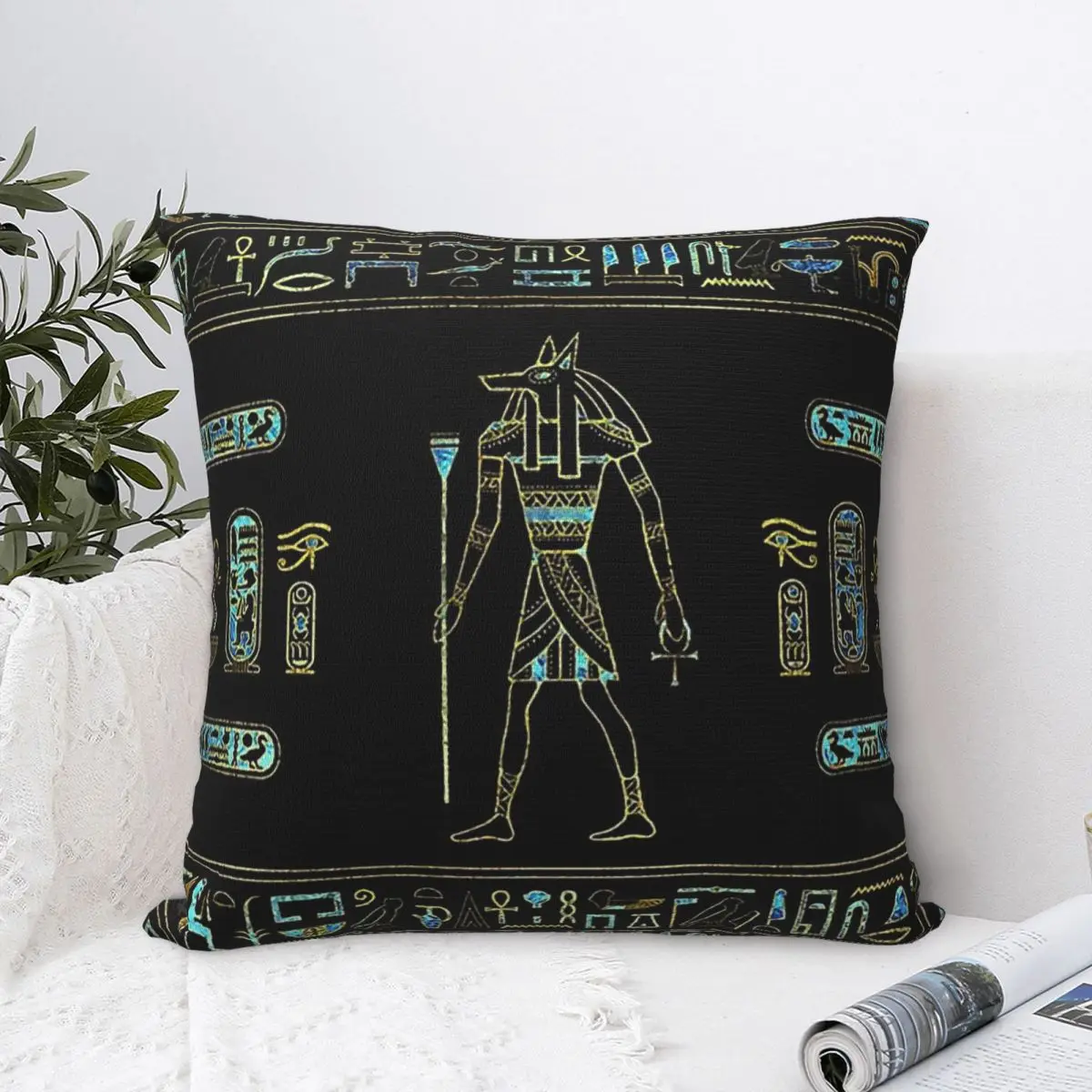 

Egyptian Anubis Gold Blue Marble Throw Pillow Case Ancient Backpack Coussin Covers DIY Printed Reusable Sofa Decor