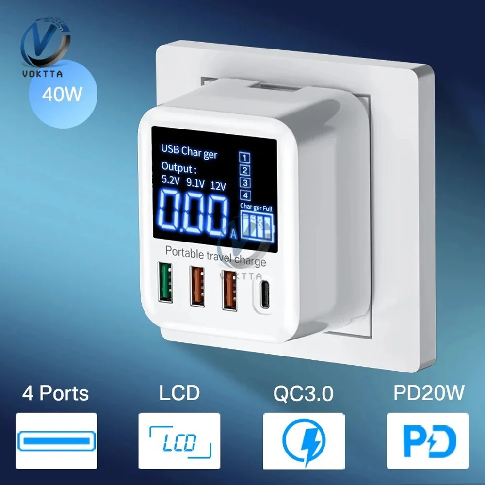 

40W USB Electric Socket 4 Ports LED Display Portable Phone Charger Travel Wall Charger Converter Display Charging Socket